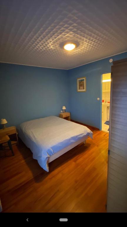 1 dormitorio con cama y pared azul en Les Geraniums 