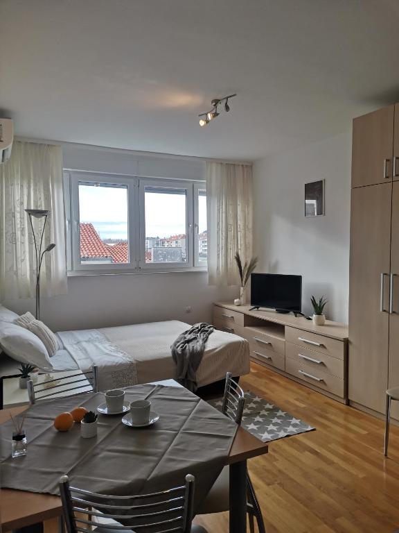 Televízia a/alebo spoločenská miestnosť v ubytovaní Charming studio with river view