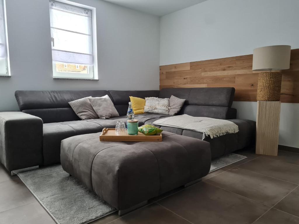 a living room with a couch and a table at Meet & Greet am Radfernweg E-Bike modern in Erfurt