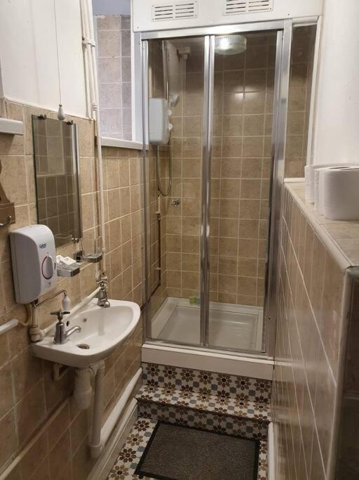 uma casa de banho com um chuveiro e um lavatório. em Fairoak Retreat em Newport