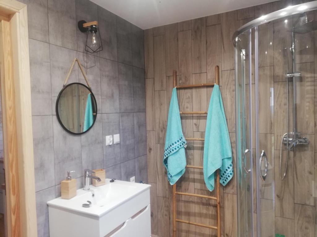 Kúpeľňa v ubytovaní Domki całoroczne DŁUGOSZÓWKA pod Rzeszowem, Jacuzzi-Sauna-Basen-Alpaki