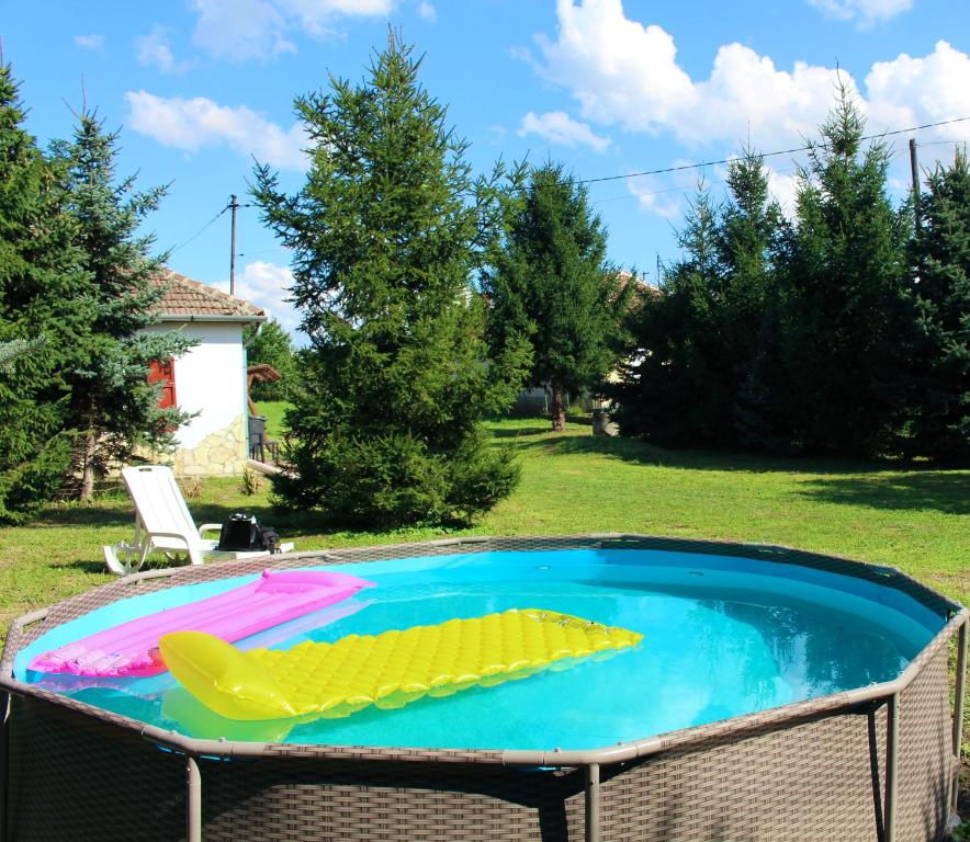 ein großer Pool mit gelbem Paddelbrett im Hof in der Unterkunft Tiszai Fenyves Apartman in Tiszadorogma