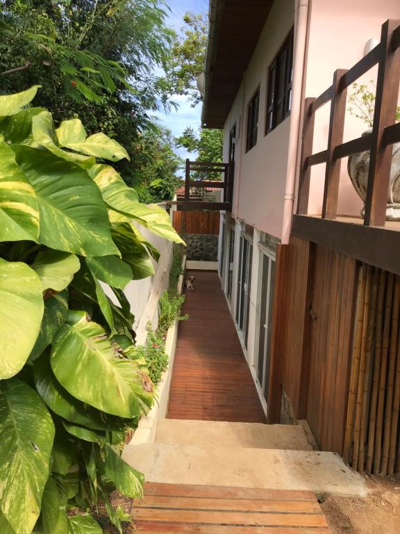 a wooden walkway leading to a house with large green plants at Suites Amma Noronha in Fernando de Noronha