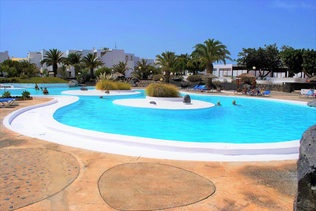 uma grande piscina com água azul e palmeiras em Apartamento Maria B em Costa Teguise