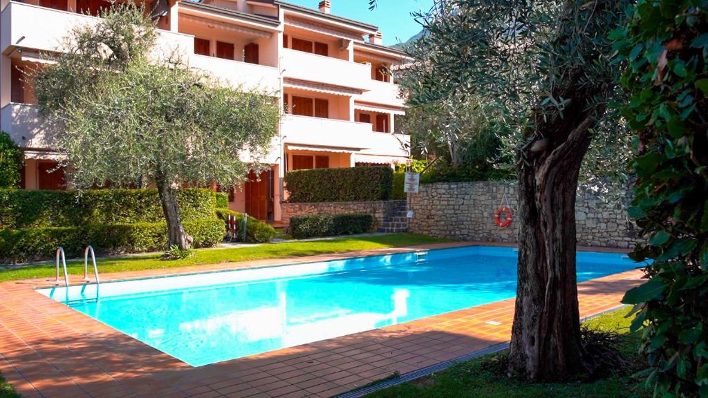 a swimming pool with a tree in front of a building at Peler Beth's House in Brenzone sul Garda