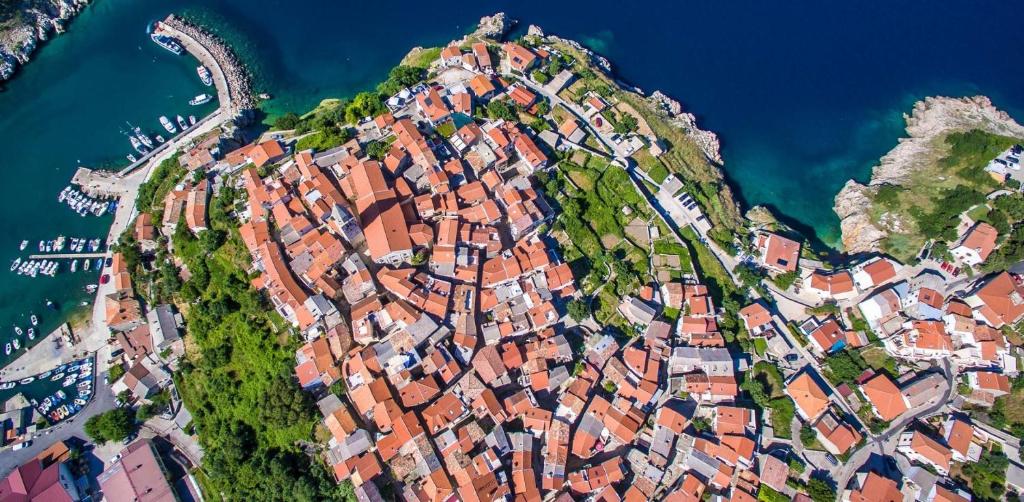 a large group of houses on a hill next to the water at Rustica in Vrbnik