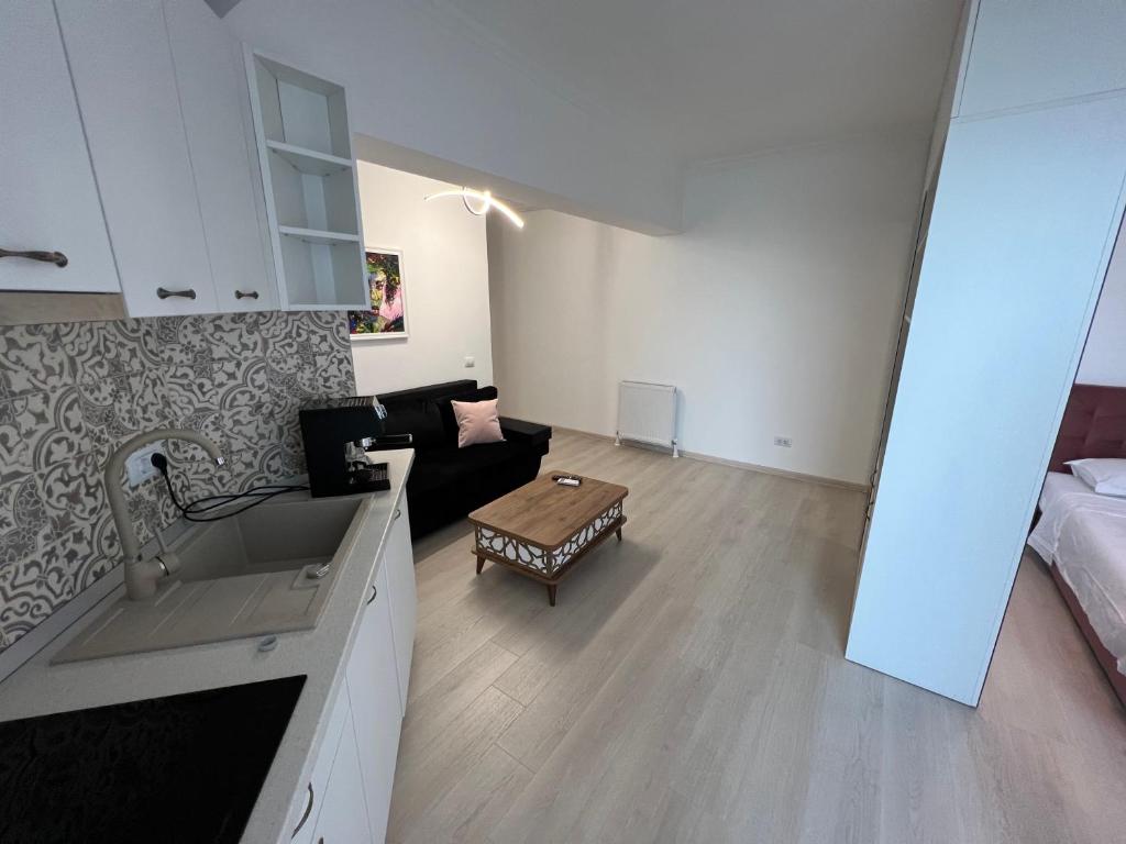 una cucina e un soggiorno con un divano e un tavolo di Kitty Studio Sunset Lake a Mamaia