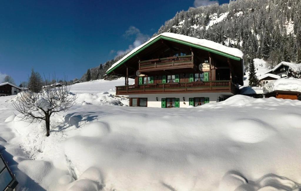 ein schneebedecktes Gebäude mit einem Baum davor in der Unterkunft Landhaus Franziskus in Reit im Winkl