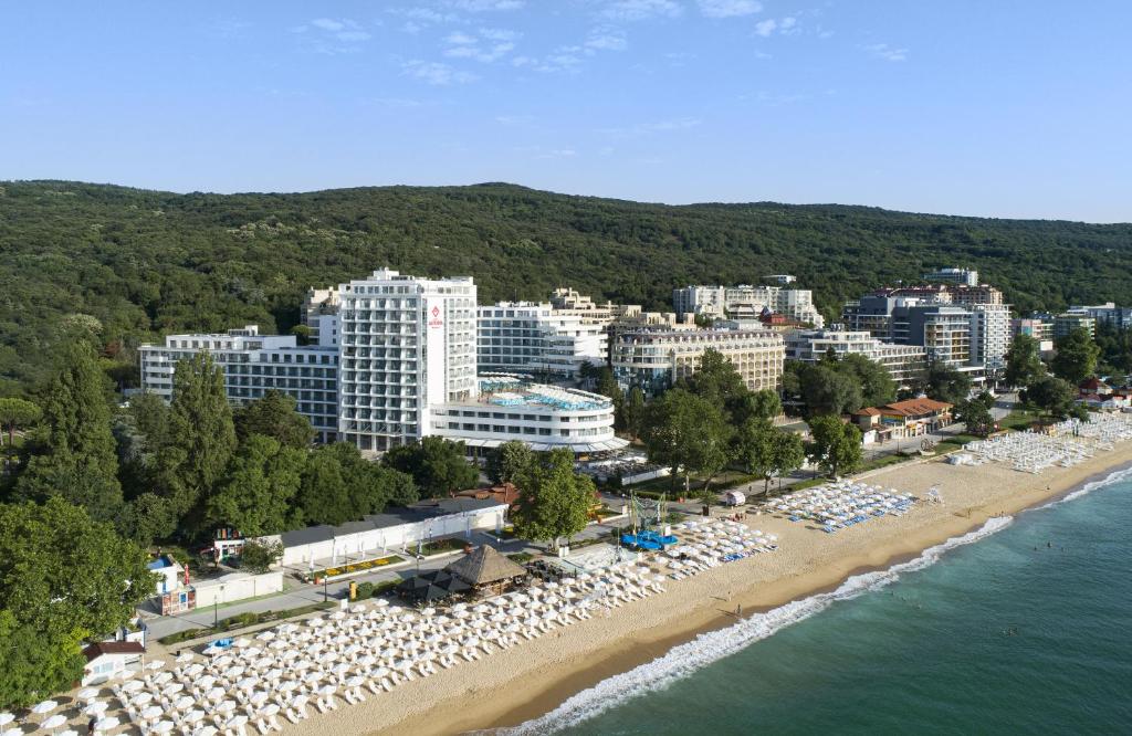 an aerial view of a beach next to the water at Astoria Hotel All Inclusive & Private Beach in Golden Sands