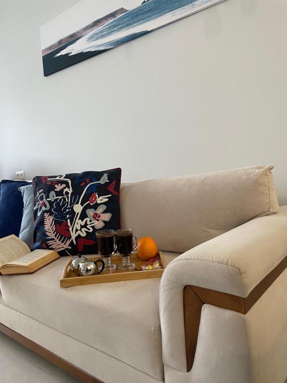 ein Tablett mit Essen auf der Couch in der Unterkunft apartments of Gregoryan in Tbilisi City