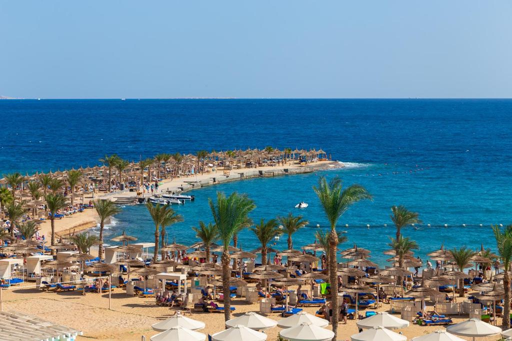 uma praia com guarda-sóis e palmeiras e o oceano em Beach Albatros The Club - Aqua Park em Hurghada