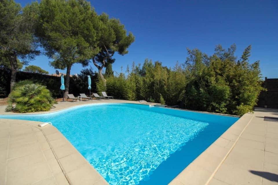 a blue swimming pool with trees in the background at LA VILLA ALBA in Les Issambres