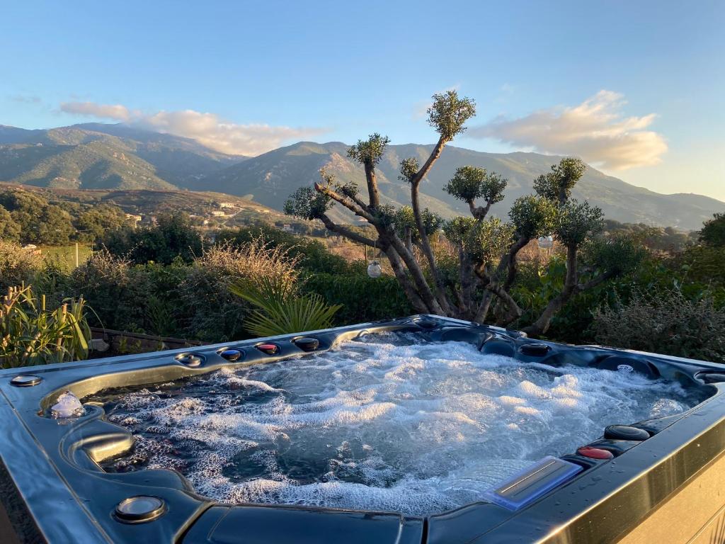 uma banheira de hidromassagem com vista para as montanhas em Villa Ghjuvan - Sea, Mountain & Spa em Peri