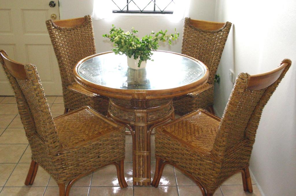 einen Glastisch mit vier Stühlen und eine Vase mit einer Pflanze in der Unterkunft Belle Kaye in Cap Estate