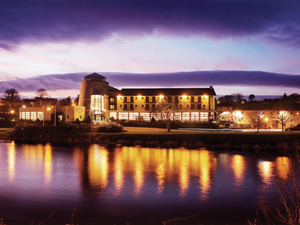 Riverside hotel at dusk