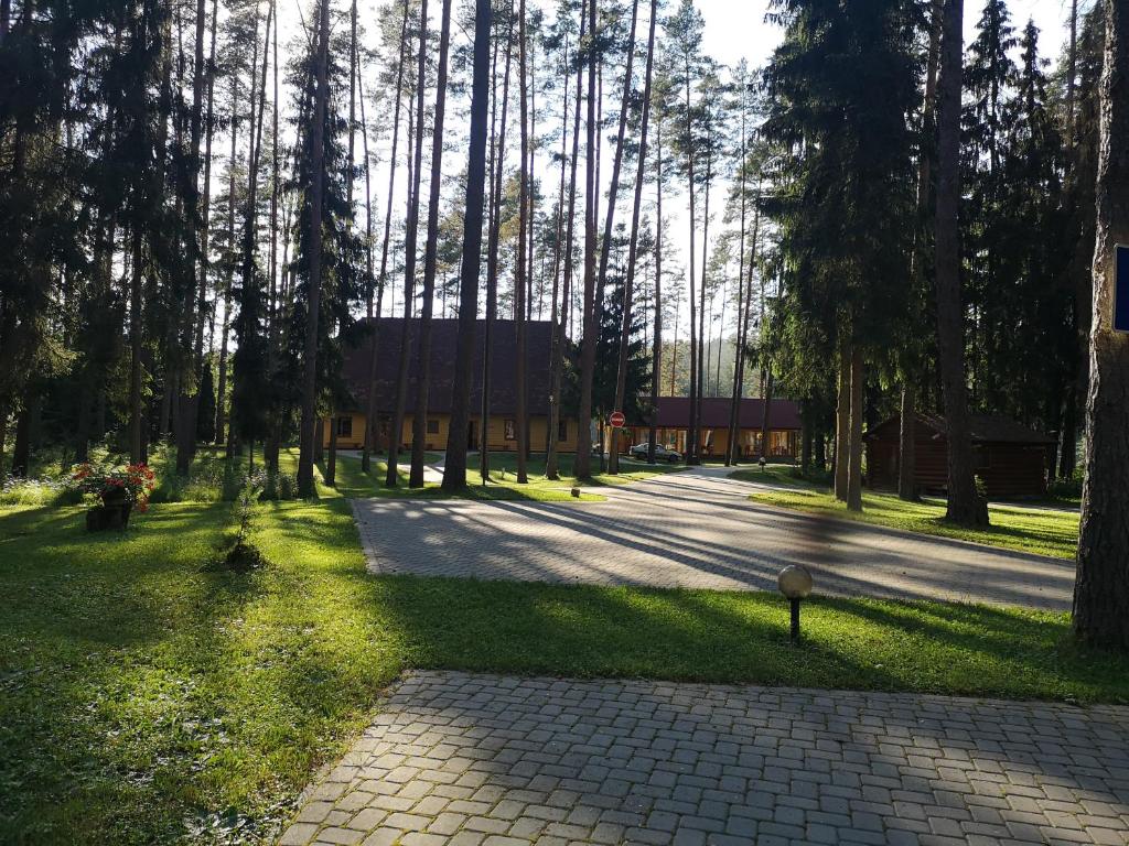 una pasarela en un parque con árboles y un edificio en Guest House Gaujaspriedes en Gauja