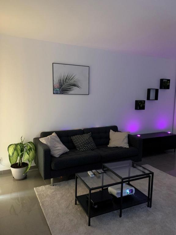 a living room with a black couch and a table at Super appartement 45 m2 proche Paris in Montreuil