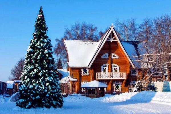 a christmas tree in front of a wooden house at Snegurochka Hotel in Kostroma