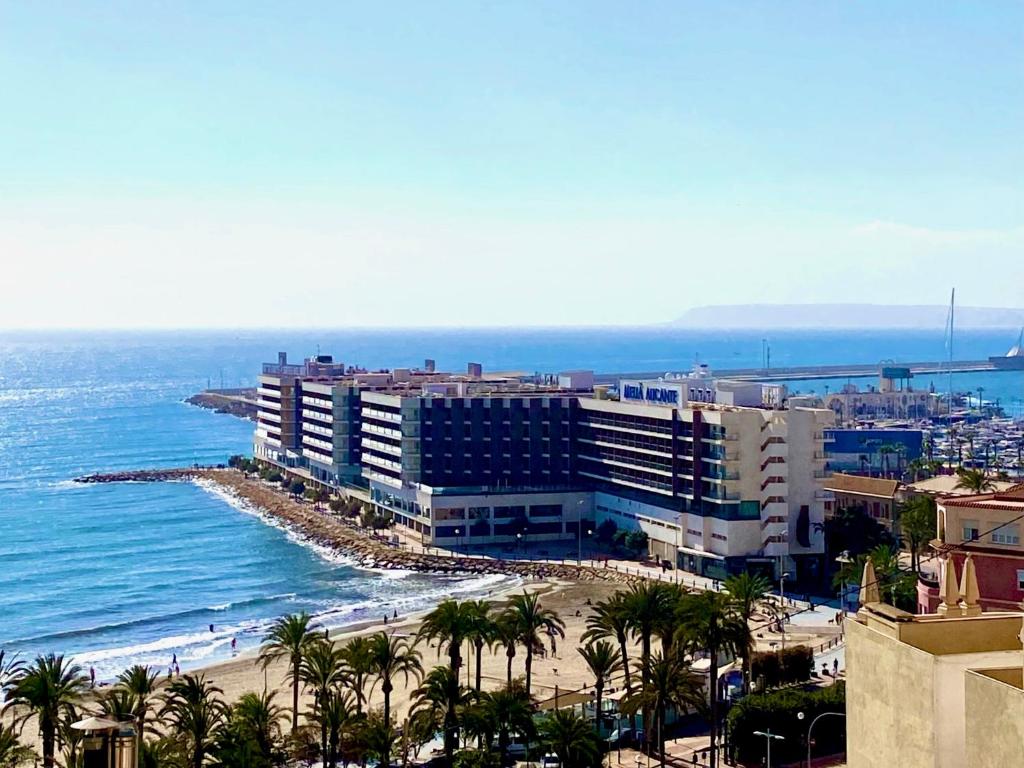 View 4 U Apartment - Alicante في أليكانتي: مبنى على شاطئ به أشجار النخيل والمحيط