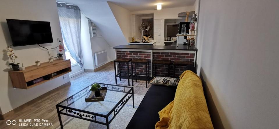 ein Wohnzimmer mit einem Sofa und einem Tisch in der Unterkunft Appartement Cosy au cœur de la Champagne in Cramant