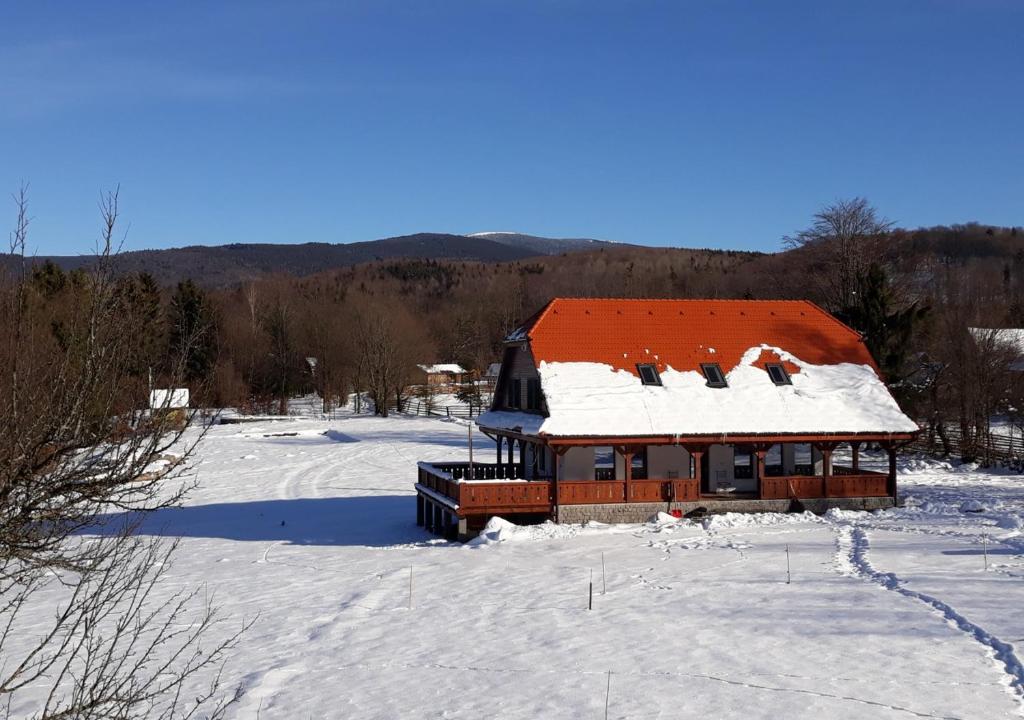 a house with a red roof in the snow at Csendes Bükk 2 Kulcsosház in Izvoare