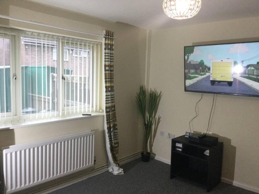 een woonkamer met een flatscreen-tv en een plant bij Nice Residential Within Easy Reach Of Town in Manchester