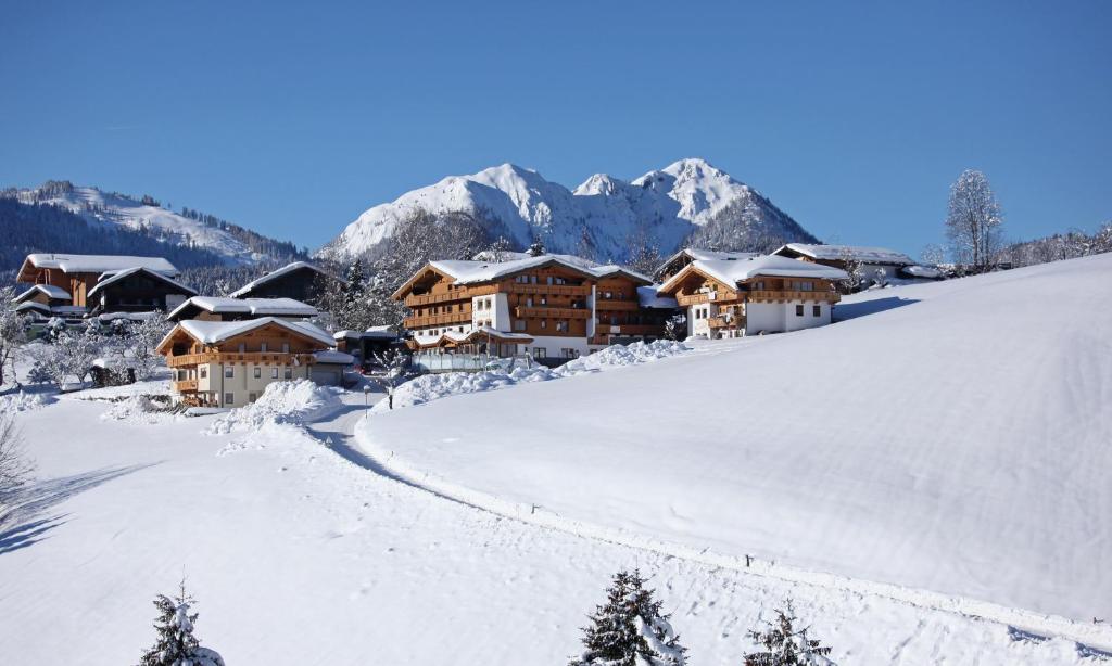 オーバーアウにあるGasthof Schöntalの山の雪に覆われた村