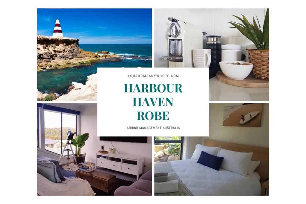 a collage of photos of a bedroom with a lighthouse at Harbour Haven*Sea View*WIFI*Wine*Walk to the Beach in Robe