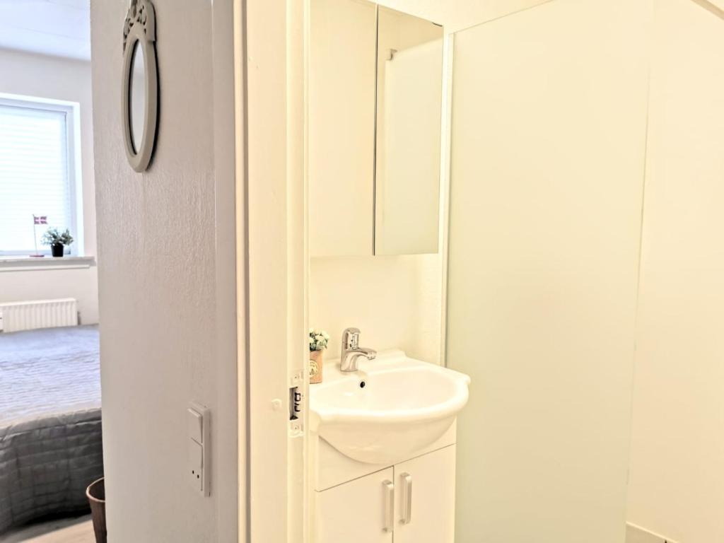 a bathroom with a sink and a mirror at 4 minute walk to LEGO house - n18 in Billund