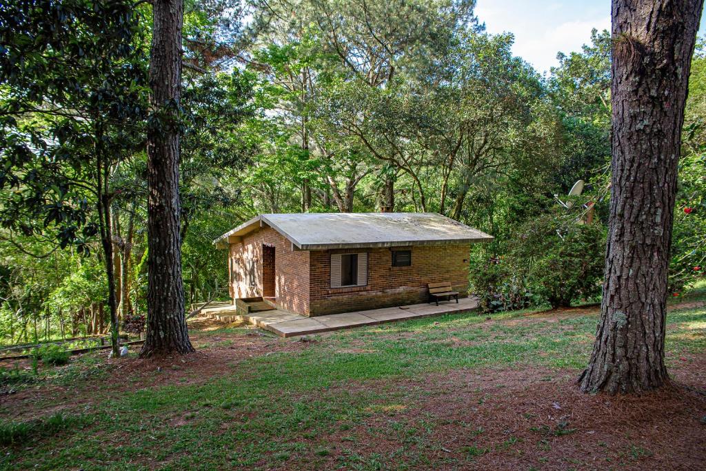 uma pequena cabana na floresta com árvores em Chalet em Viamão