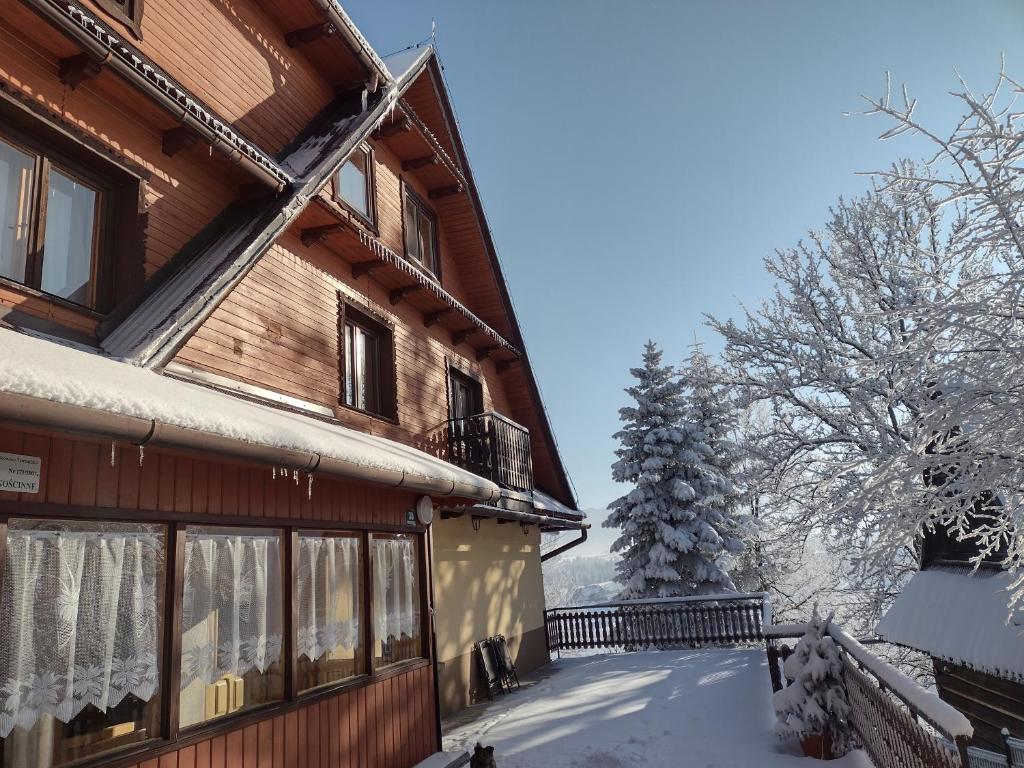 a building with snow on the ground next to a tree at Pokoje gościnne Jawor in Bukowina Tatrzańska