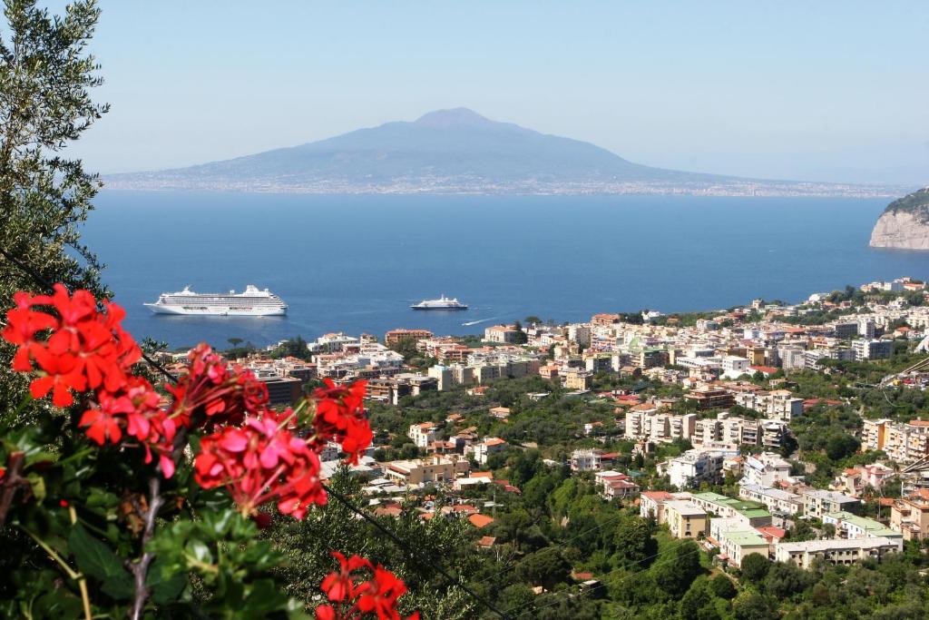 uma vista de uma cidade com um navio de cruzeiro na água em Casarufolo Paradise em Sorrento