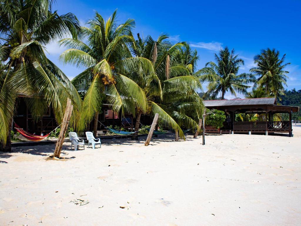 a beach with palm trees and chairs and a building at BUSHMAN TIOMAN in Tioman Island