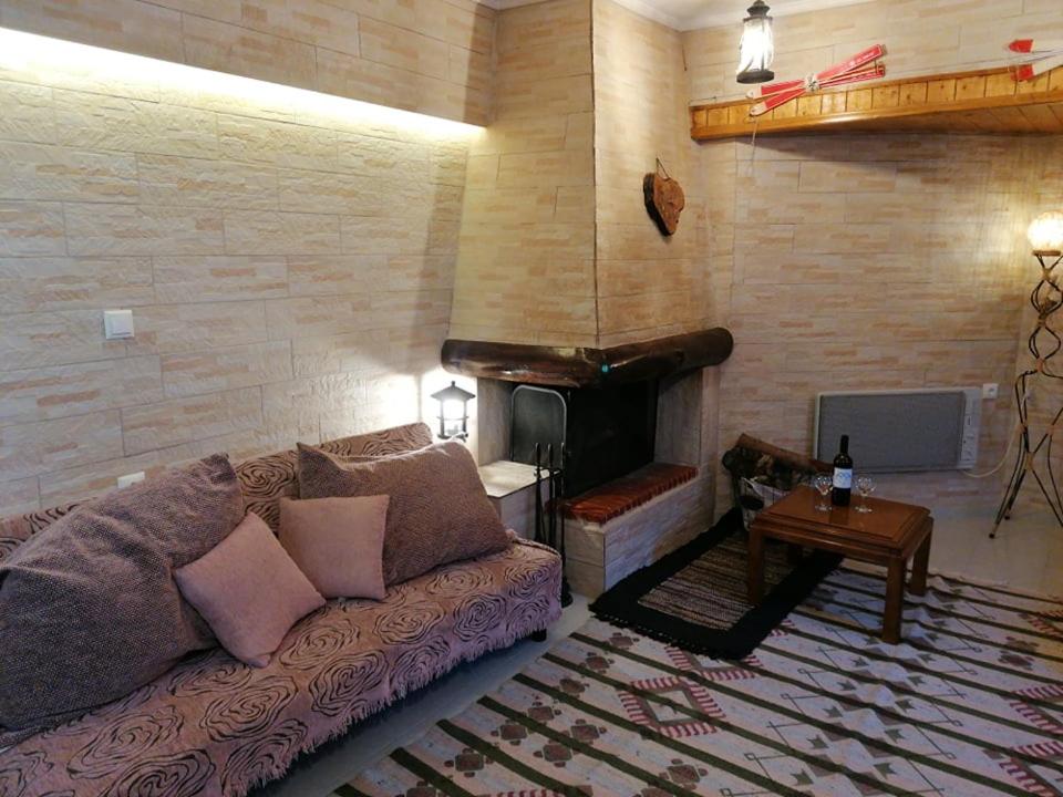 ein Wohnzimmer mit einem Sofa und einem Kamin in der Unterkunft Mountain Memories in Kalavryta