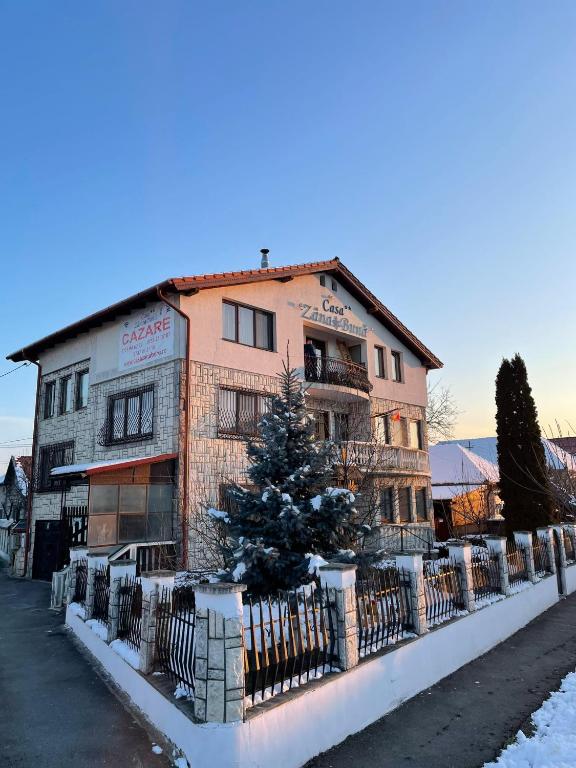a building with a christmas tree in front of it at Casa Zâna Bună in Gherla