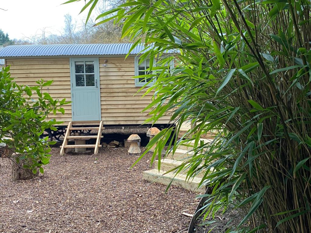 a tiny house with a blue door in a yard at Chez Maurice Luxury Shepherds Hut with Bath and Hot Tub in Kelling