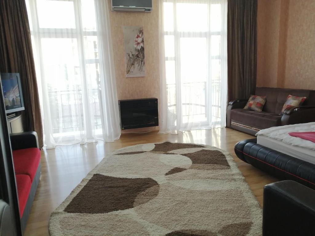 sala de estar con sofá y alfombra en Apartments in the historical center of Batumi, near the seaside park en Batumi