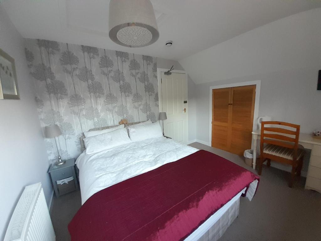 um quarto com uma cama grande e uma cadeira em Elderslie Guest House em Oban