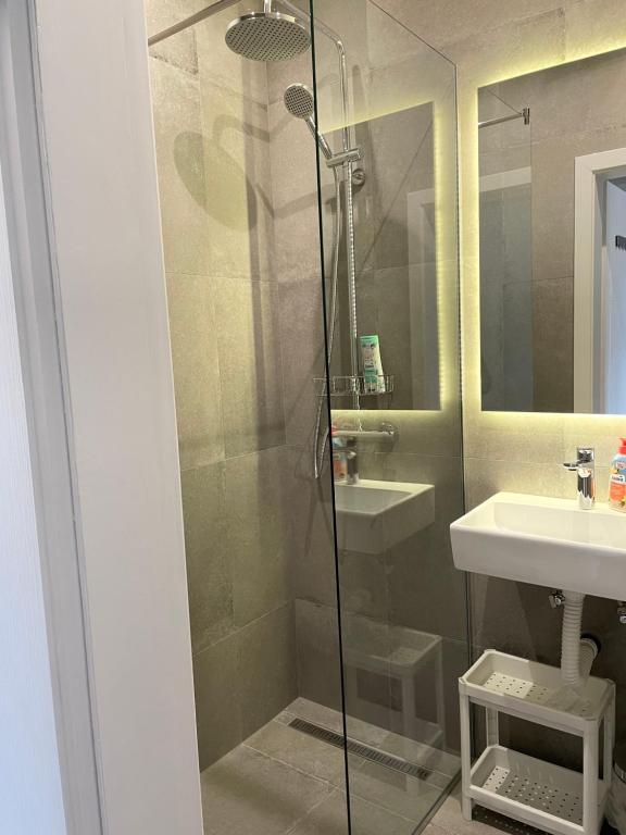 La salle de bains est pourvue d'une douche et d'un lavabo. dans l'établissement Slavija Square Apartments, à Belgrade