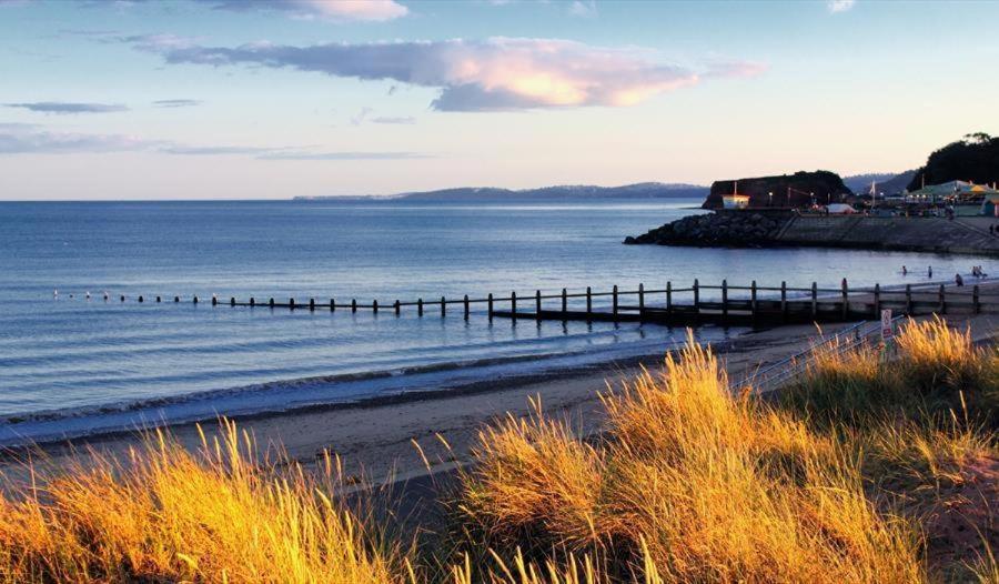 a beach with a pier in the water at Florita - Dawlish in Dawlish