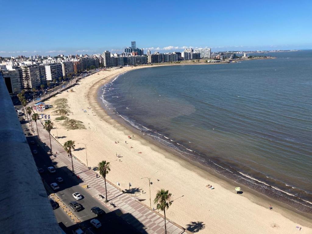 a view of a beach with palm trees and the ocean at Rambla Montevideo in Montevideo