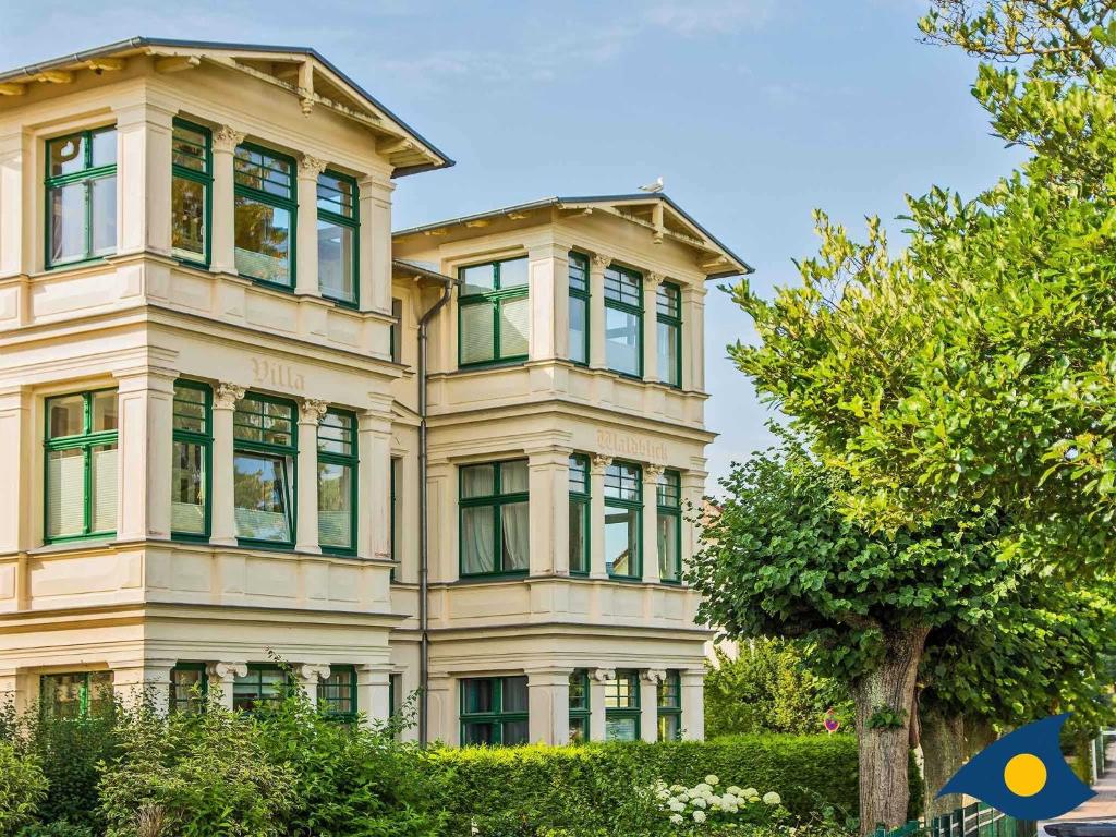 un gran edificio con ventanas y un árbol en Villa Waldblick Whg 05, en Bansin