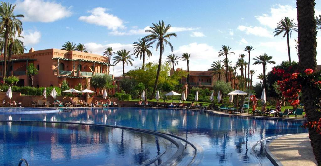 a large swimming pool in front of a resort at Palmeraie Village in Marrakesh