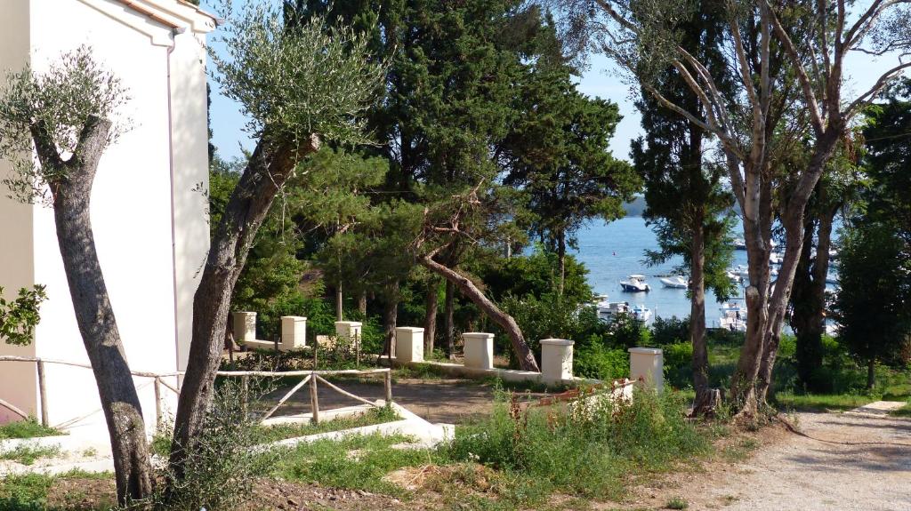 a grave yard with trees and water in the background at I Pesci nel golfo di Baratti in Baratti