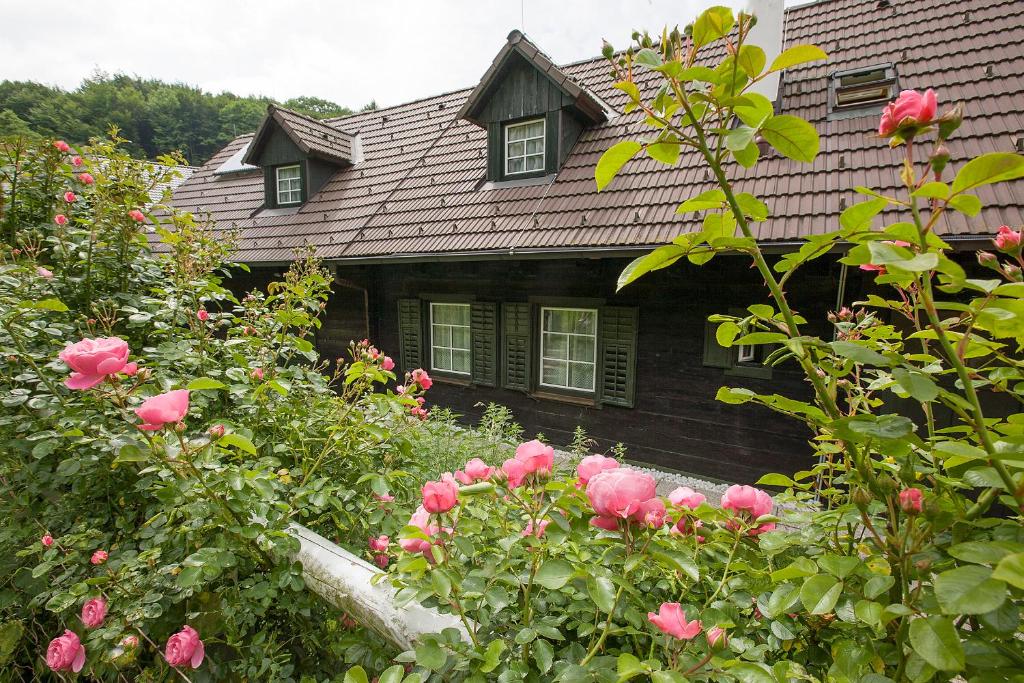 una casa con rosas rosas delante de ella en Das Altsteirische Landhaus - La Maison de Pronegg - Feriendomizil im Biosphärenpark Wienerwald, en Pressbaum
