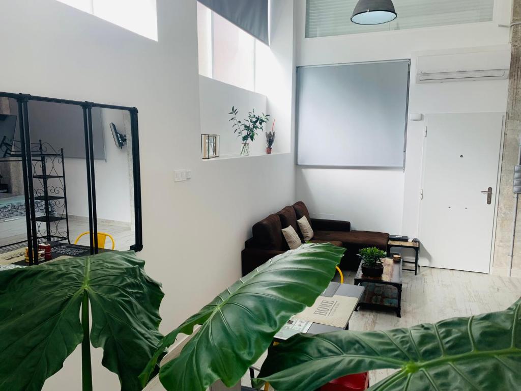 uma sala de estar com um sofá e duas plantas grandes em Coco Homes em Madri