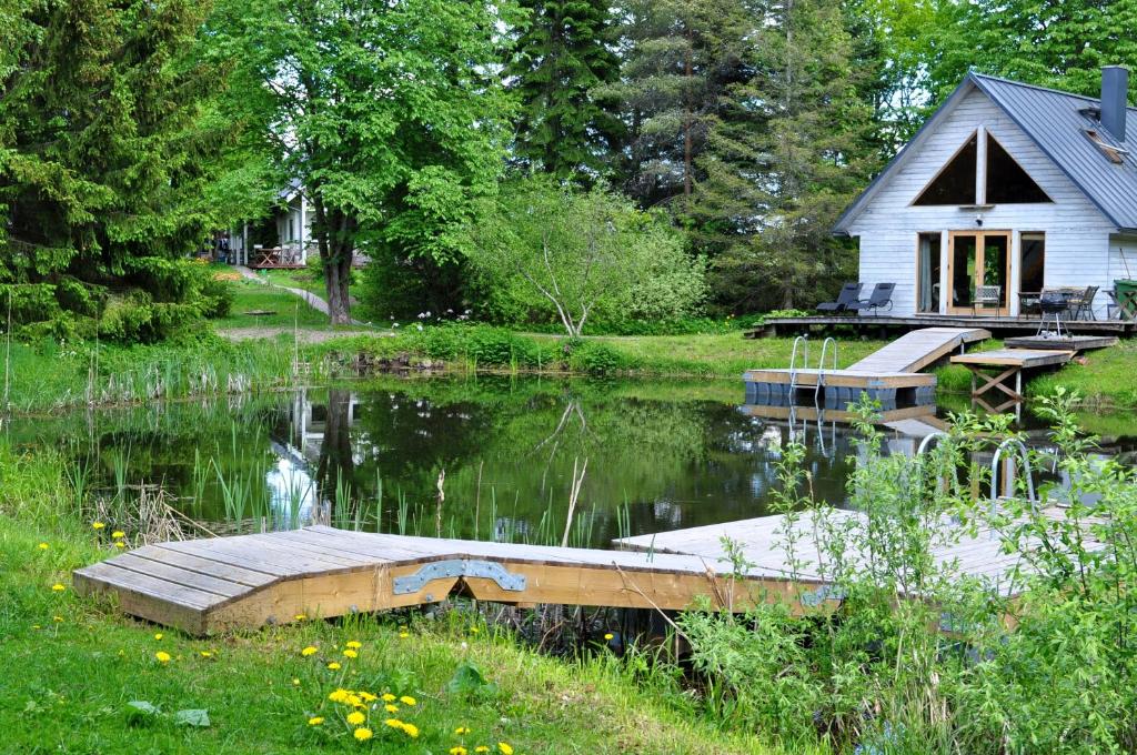 una pequeña casa junto a un lago con muelle en Mokko Saunahouse, en Änkküla