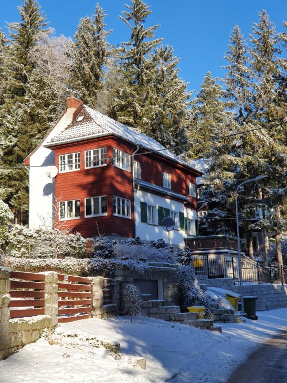 duży drewniany dom w śniegu z drzewami w obiekcie Willa Burzynin w mieście Karpacz
