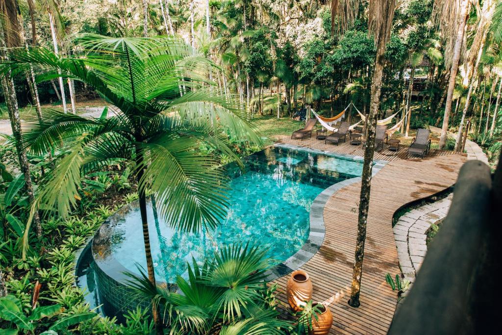 a swimming pool with palm trees and a wooden deck at Glamping Mangarito in Iporanga