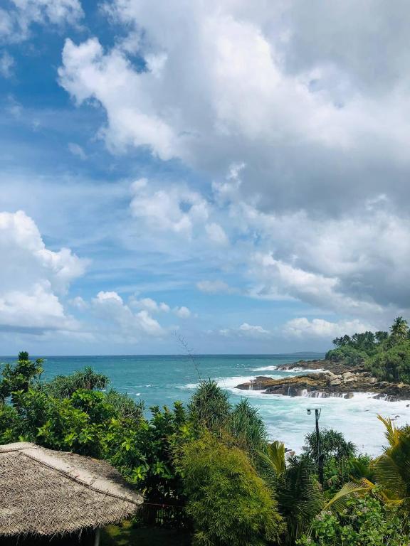 a view of a beach with the ocean at Screwpine Beach Villa in Hiriketiya